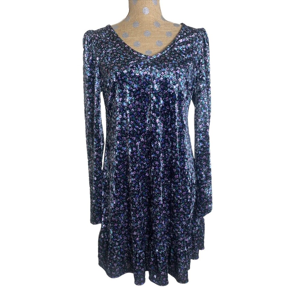 Wild Fable Women M Ditsy Floral Velvet Grunge Y2K Long Sleeve Drop Hem Dress